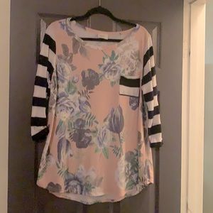 3/4 length sleeves navy and white and pink floral bodice